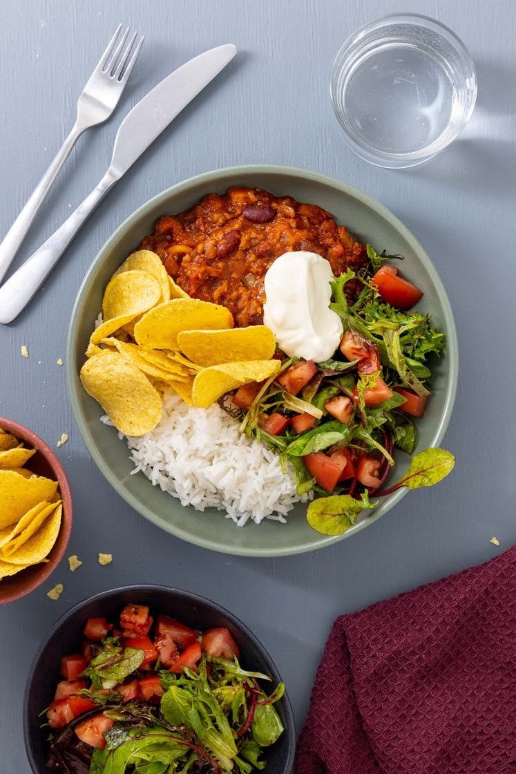 Hurtig chili con carne med bacon og ris